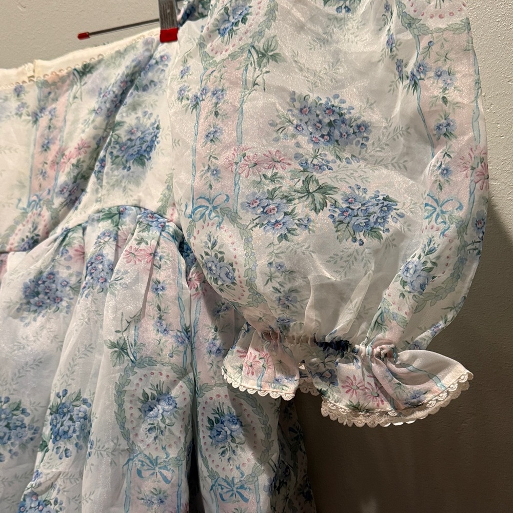 Selkie La Belle Etoile French Puff Sleeve Mini Dress in Soft Blue White Sheer - Picture 11 of 16